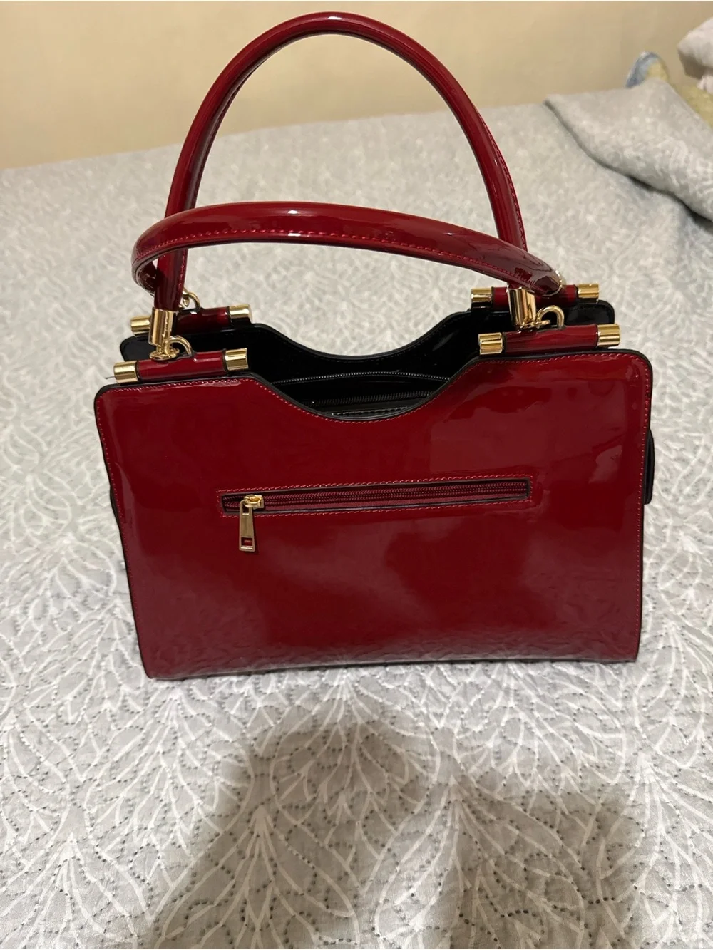Patent Two-Tone Top-Handle Satchel in Black & Red